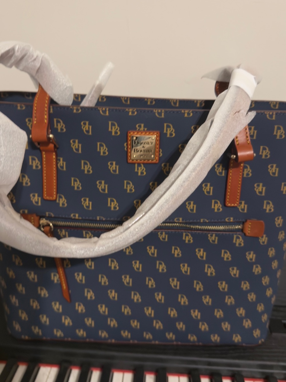 Dooney & Bourke Navy Logo Tote with Brown Trim and Gold Hardware